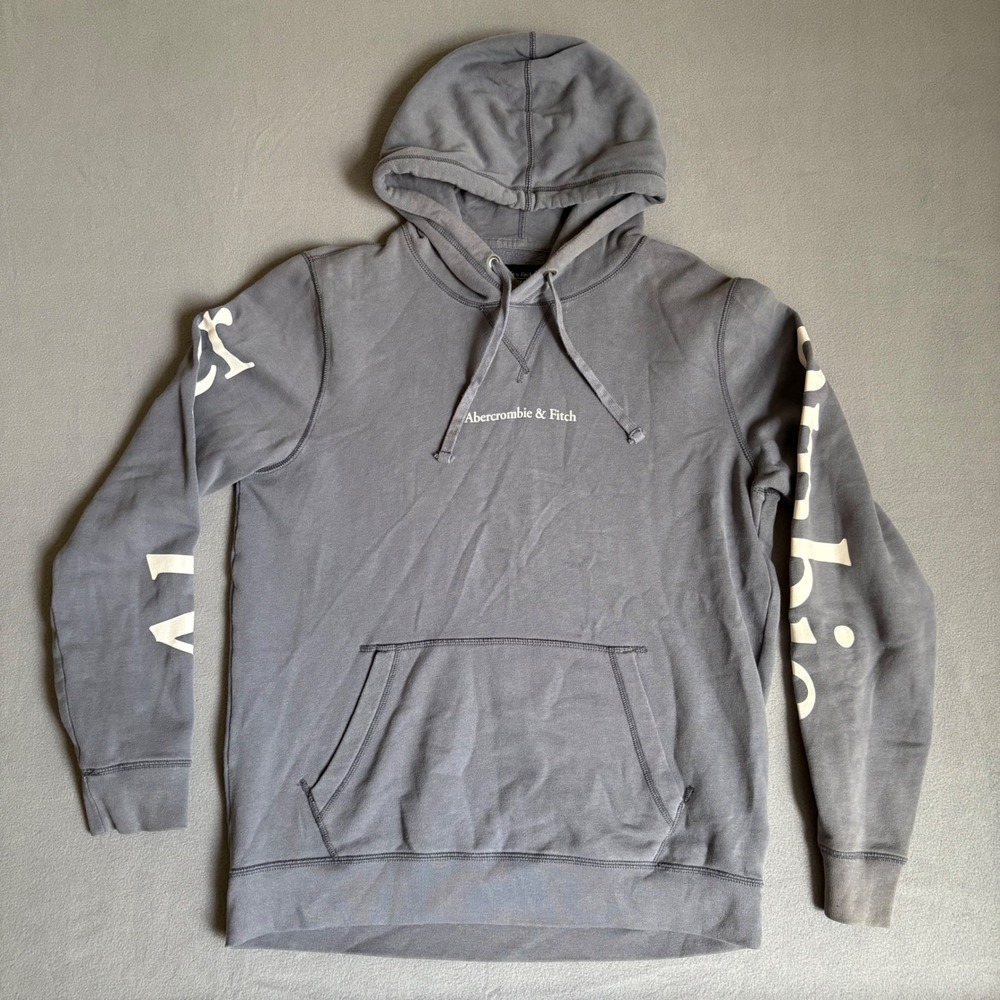 Abercrombie & Fitch Hoodie Mens Size M Blue Gray Good Graphic Sleeve Logo Fleece
